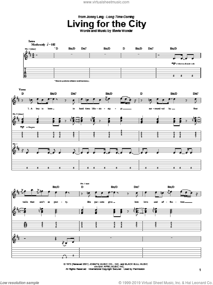 Living For The City sheet music for guitar (tablature) by Stevie Wonder and Jonny Lang, intermediate skill level