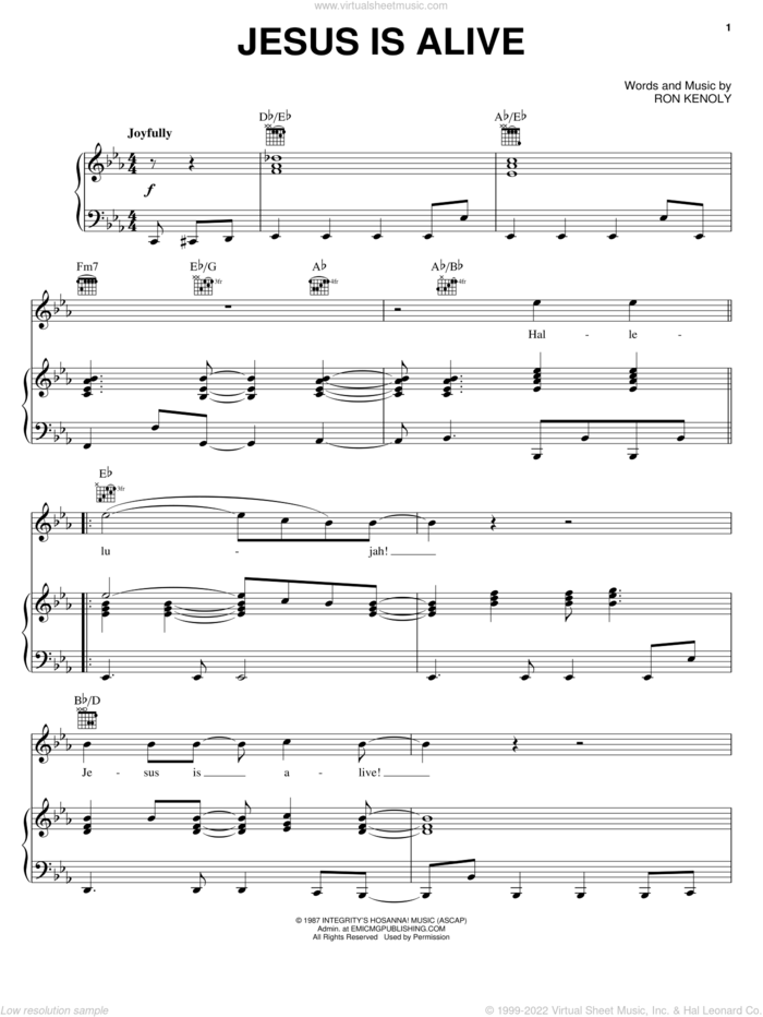 Jesus Is Alive sheet music for voice, piano or guitar by Ron Kenoly, intermediate skill level