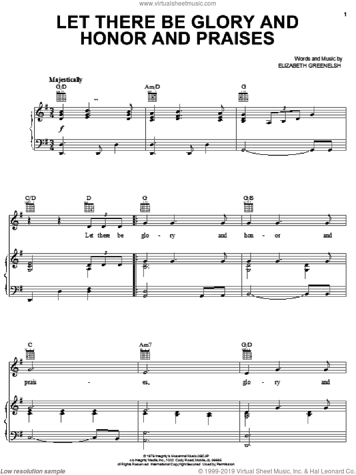 Let There Be Glory And Honor And Praises sheet music for voice, piano or guitar by Elizabeth Greenelsh, intermediate skill level