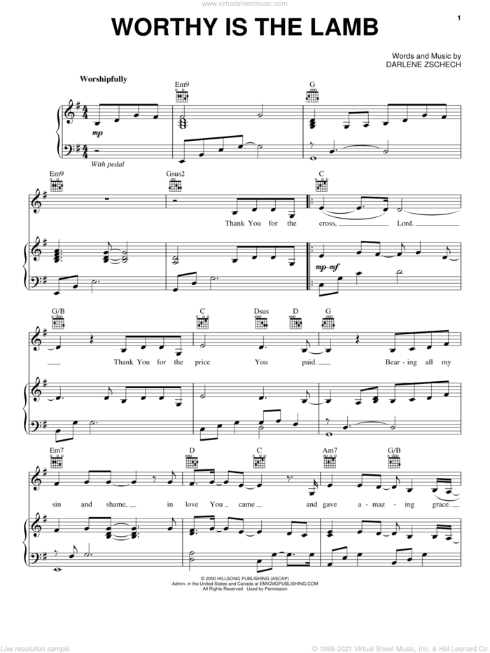 Worthy Is The Lamb sheet music for voice, piano or guitar by Darlene Zschech, intermediate skill level