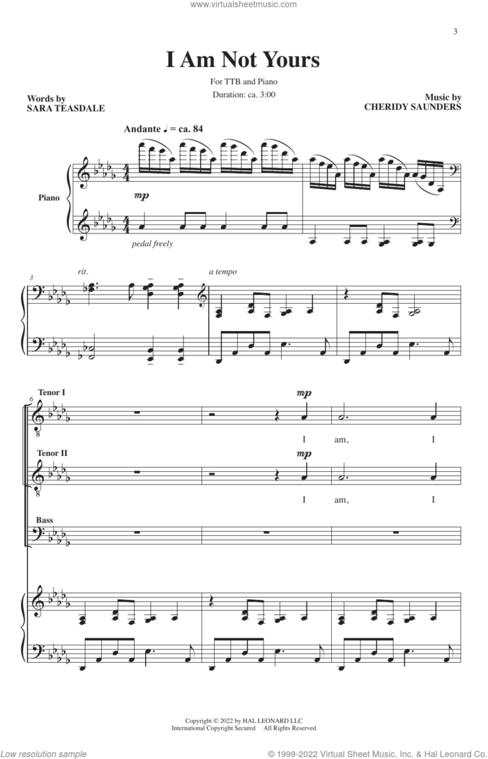 I Am Not Yours sheet music for choir (TTB: tenor, bass) by Sara Teasdale and Cheridy Saunders, Cheridy Saunders and Sara Teasdale, intermediate skill level