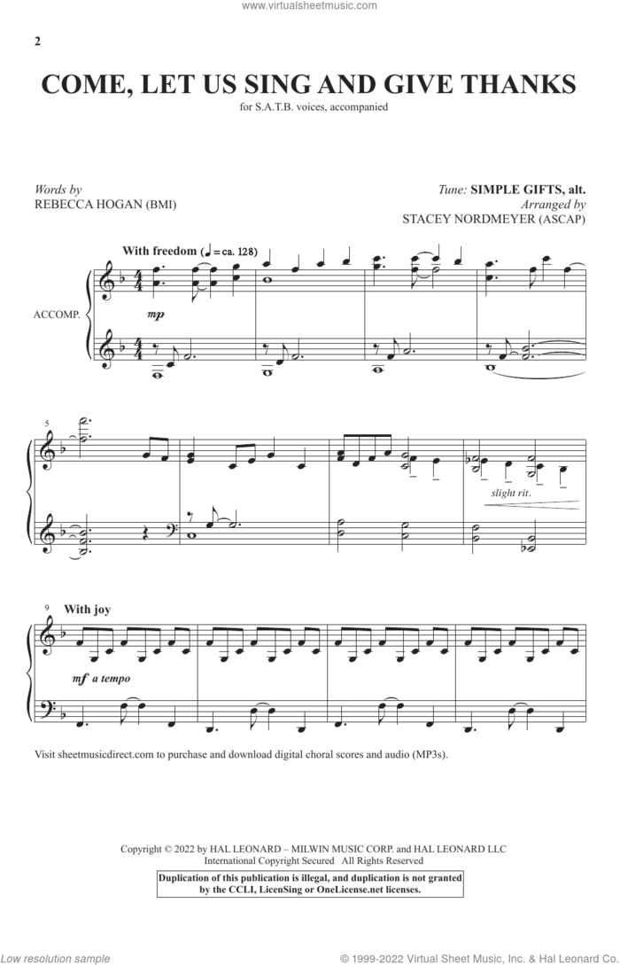 Come, Let Us Sing And Give Thanks (arr. Stacey Nordmeyer) sheet music for choir (SATB: soprano, alto, tenor, bass) by Rebecca Hogan and Stacey Nordmeyer, intermediate skill level