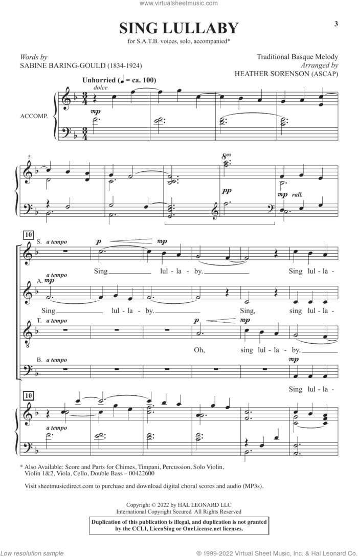 Sing Lullaby (arr. Heather Sorenson) sheet music for choir (SATB: soprano, alto, tenor, bass) by Sabine-Baring Gould, Heather Sorenson and Miscellaneous, intermediate skill level