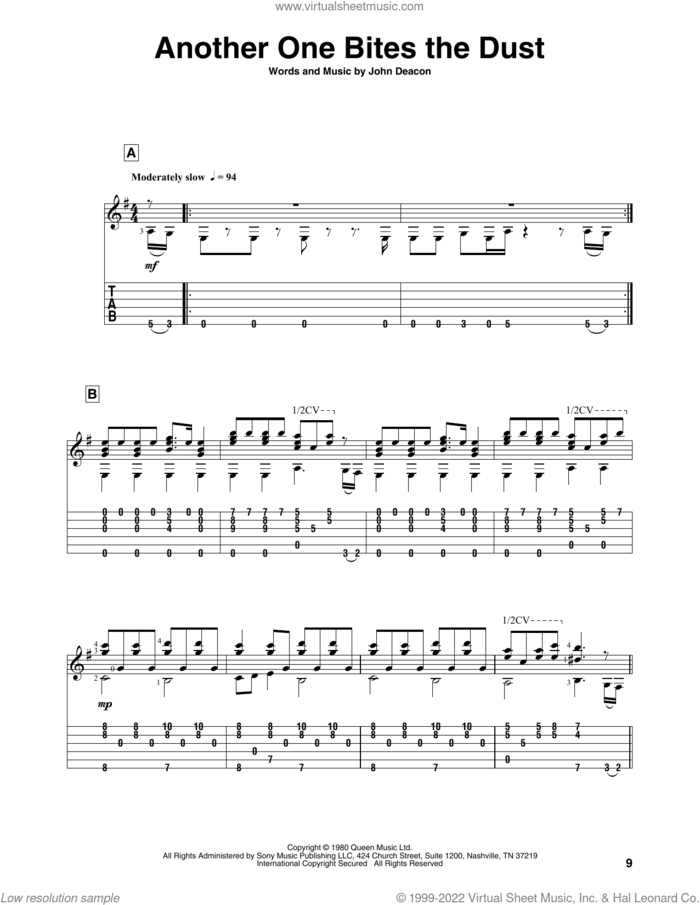 Another One Bites The Dust sheet music for guitar solo by Queen and John Deacon, intermediate skill level