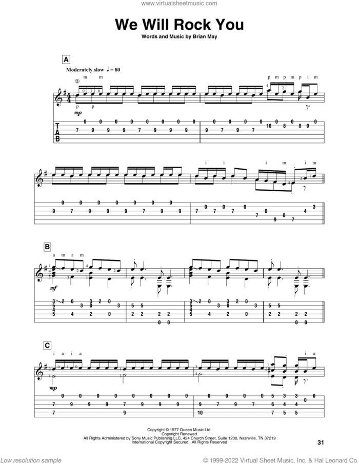 We Will Rock You sheet music for guitar solo by Queen and Brian May, intermediate skill level