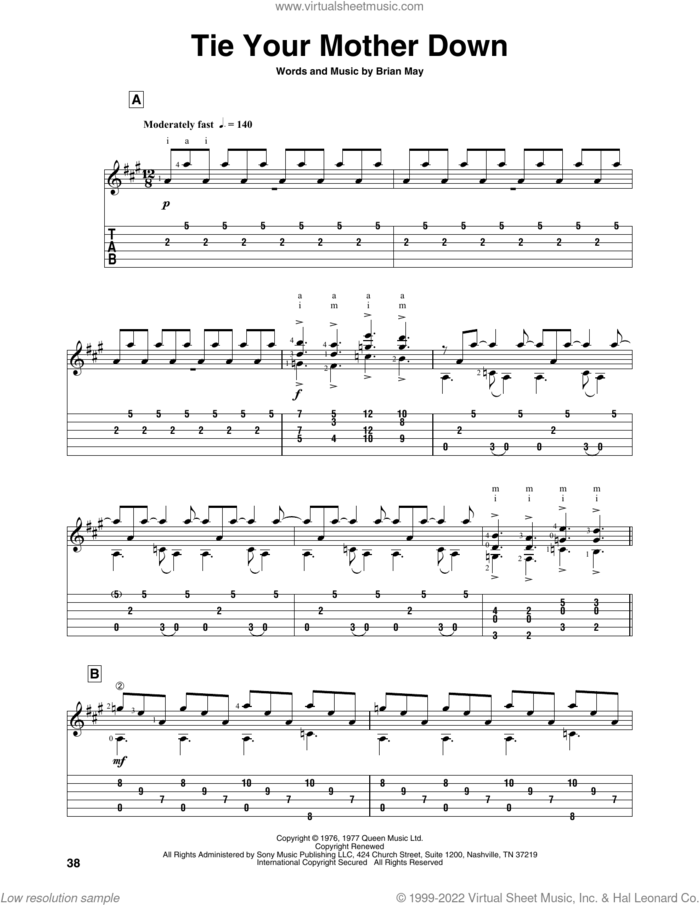 Tie Your Mother Down sheet music for guitar solo by Queen and Brian May, intermediate skill level