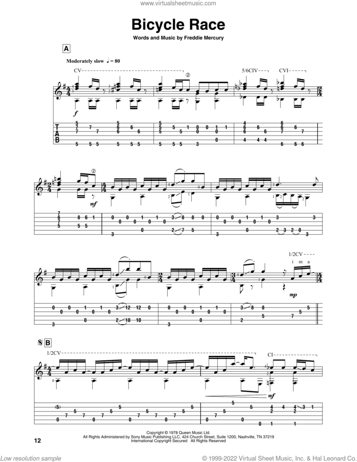 Bicycle Race sheet music for guitar solo by Queen and Freddie Mercury, intermediate skill level