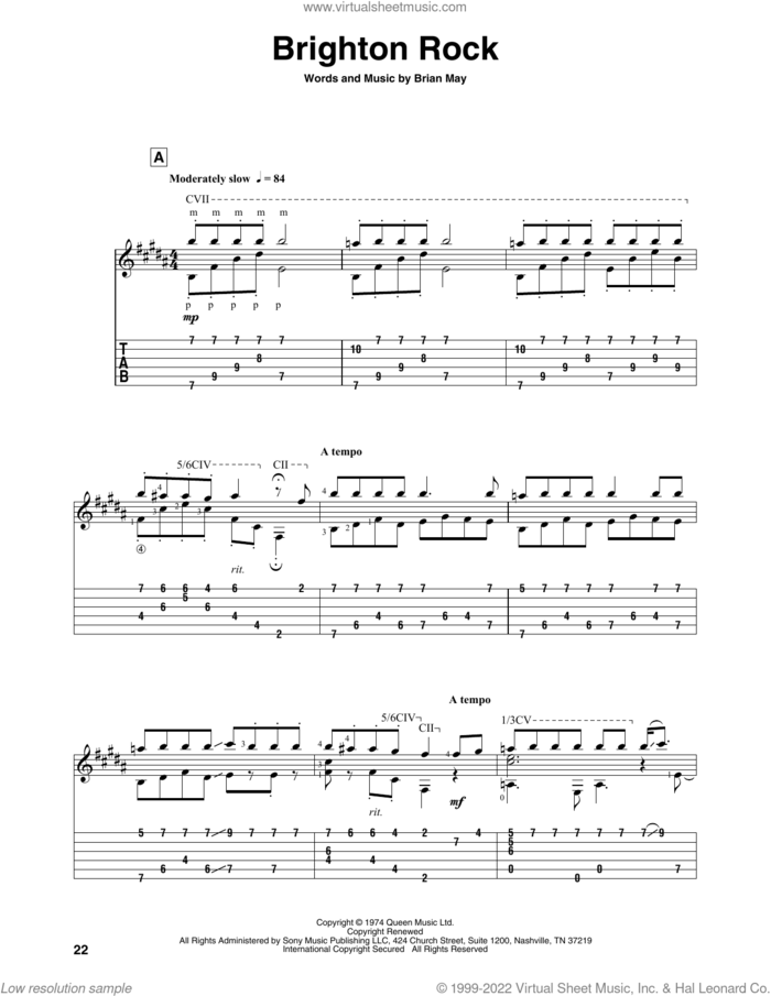 Brighton Rock sheet music for guitar solo by Queen and Brian May, intermediate skill level