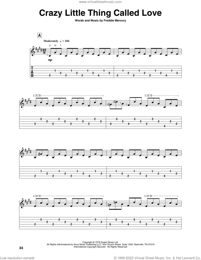 Crazy Little Thing Called Love, (intermediate) sheet music for guitar solo by Queen and Freddie Mercury, intermediate skill level