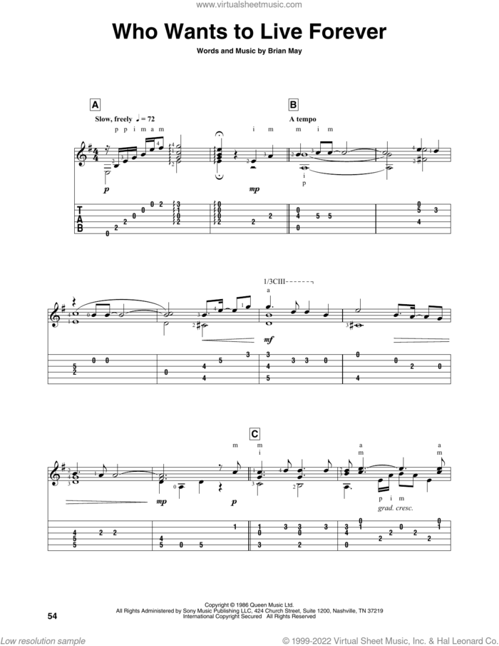 Who Wants To Live Forever sheet music for guitar solo by Queen and Brian May, intermediate skill level