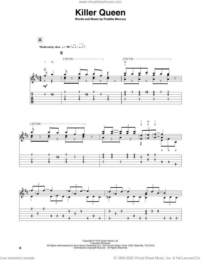Killer Queen sheet music for guitar solo by Queen and Freddie Mercury, intermediate skill level