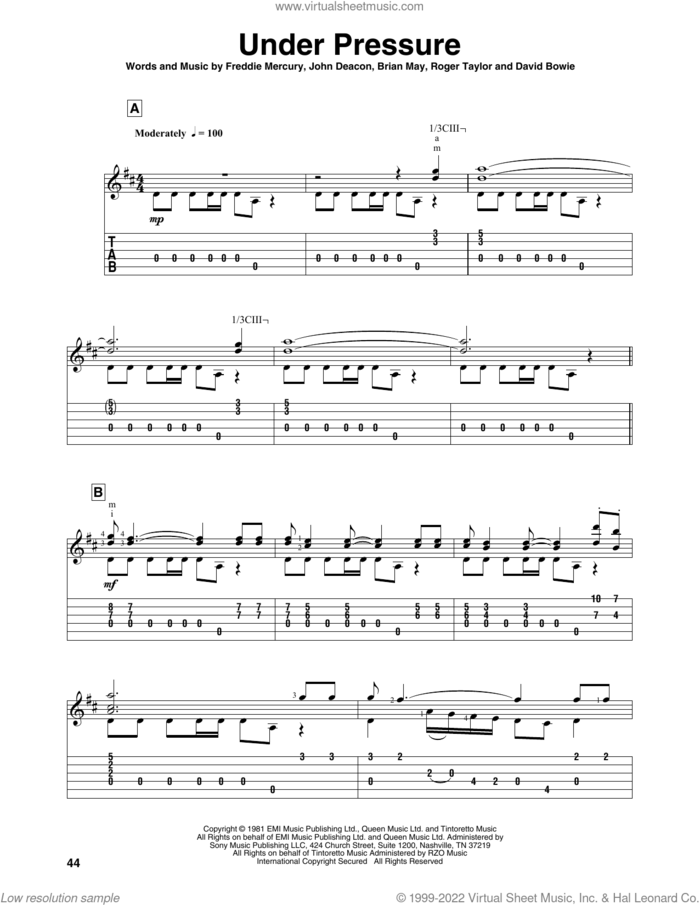 Under Pressure sheet music for guitar solo by Queen & David Bowie, Queen, Brian May, David Bowie, Freddie Mercury, John Deacon and Roger Taylor, intermediate skill level