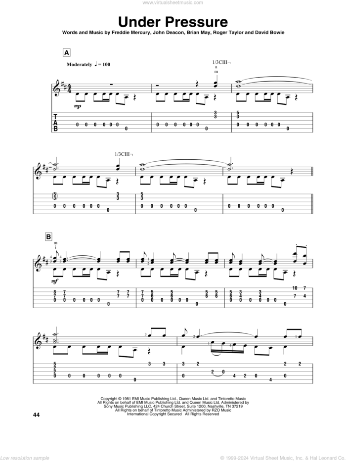 Under Pressure sheet music for guitar solo by Queen & David Bowie, Queen, Brian May, David Bowie, Freddie Mercury, John Deacon and Roger Taylor, intermediate skill level