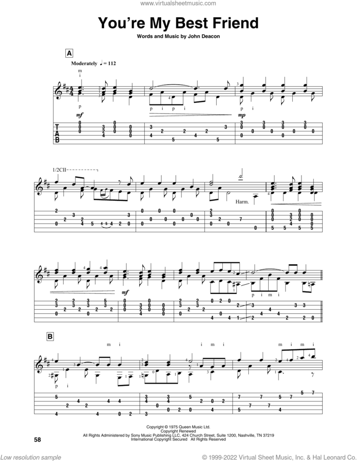 You're My Best Friend sheet music for guitar solo by Queen and John Deacon, intermediate skill level
