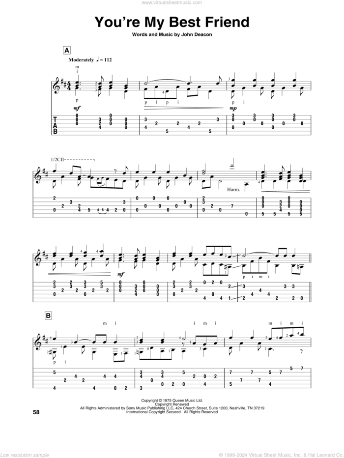 You're My Best Friend sheet music for guitar solo by Queen and John Deacon, intermediate skill level