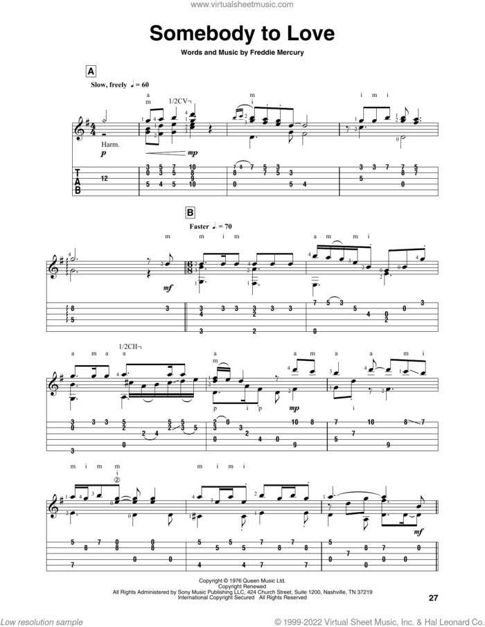 Somebody To Love sheet music for guitar solo by Queen and Freddie Mercury, intermediate skill level