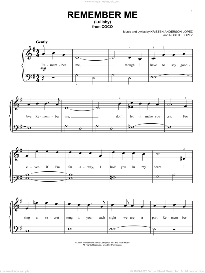 Remember Me (Lullaby) (from Coco) sheet music for piano solo by Kristen Anderson-Lopez & Robert Lopez, Kristen Anderson-Lopez and Robert Lopez, beginner skill level