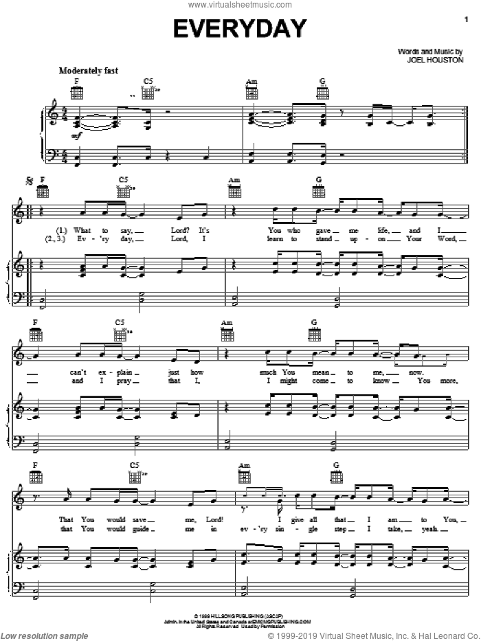 Everyday sheet music for voice, piano or guitar by Phillips, Craig & Dean, Hillsong United and Joel Houston, intermediate skill level