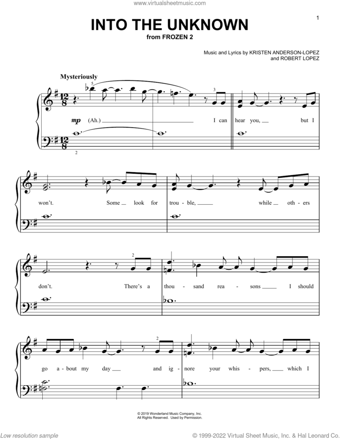 Into The Unknown (from Frozen 2) sheet music for piano solo by Idina Menzel and AURORA, Kristen Anderson-Lopez and Robert Lopez, beginner skill level