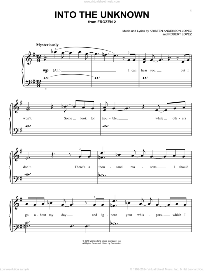 Into The Unknown (from Frozen 2) sheet music for piano solo by Idina Menzel and AURORA, Kristen Anderson-Lopez and Robert Lopez, beginner skill level