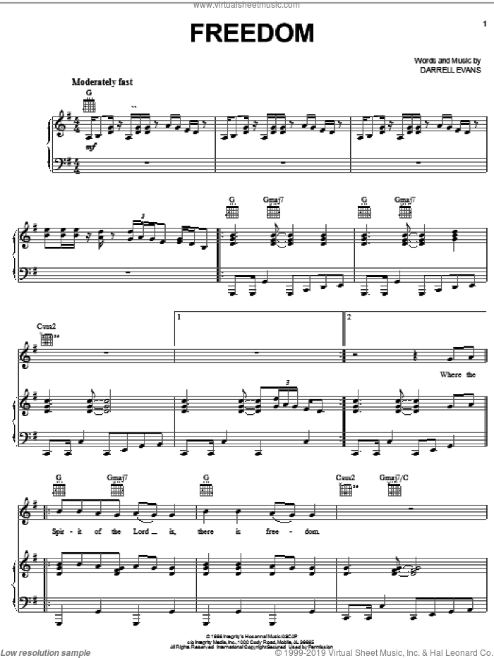Freedom sheet music for voice, piano or guitar by Darrell Evans, intermediate skill level