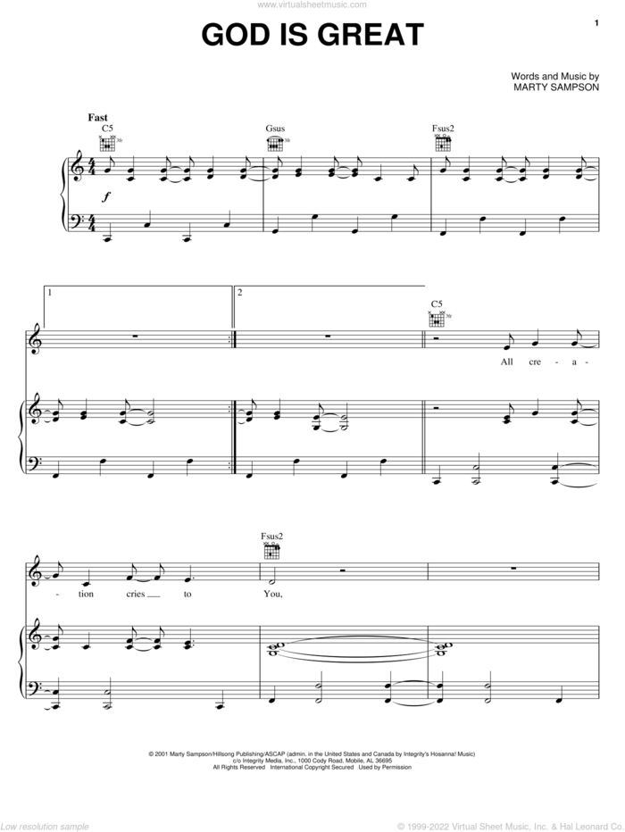 God Is Great sheet music for voice, piano or guitar by Marty Sampson and Hillsong Worship, intermediate skill level