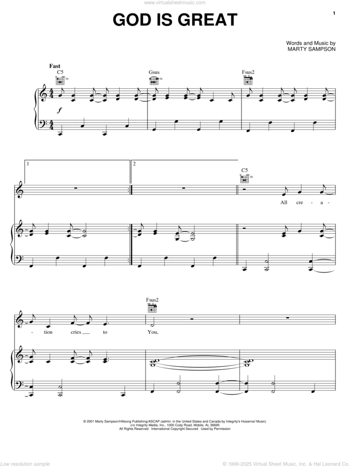 God Is Great sheet music for voice, piano or guitar by Marty Sampson and Hillsong Worship, intermediate skill level