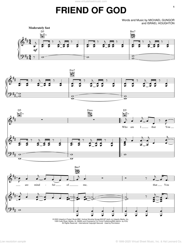 Friend Of God sheet music for voice, piano or guitar by Israel Houghton and Michael Gungor, intermediate skill level