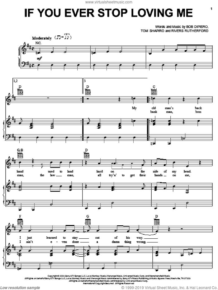 If You Ever Stop Loving Me sheet music for voice, piano or guitar by Montgomery Gentry, Bob DiPiero, Rivers Rutherford and Tom Shapiro, intermediate skill level