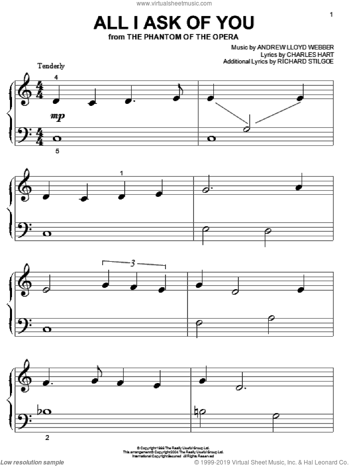 All I Ask Of You (from The Phantom Of The Opera) sheet music for piano solo (big note book) by Andrew Lloyd Webber, The Phantom Of The Opera (Musical), Charles Hart and Richard Stilgoe, wedding score, easy piano (big note book)
