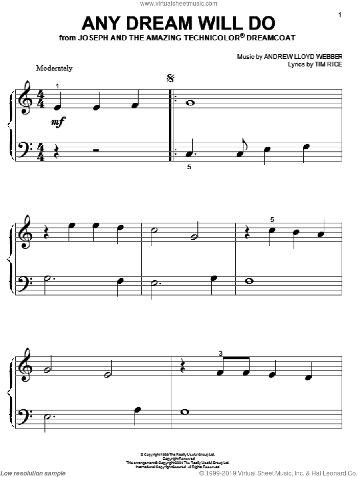 Any Dream Will Do sheet music for piano solo (big note book) by Andrew Lloyd Webber, Joseph And The Amazing Technicolor Dreamcoat (Musical) and Tim Rice, easy piano (big note book)