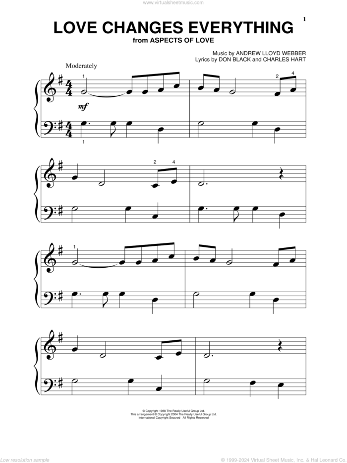 Love Changes Everything (from Aspects Of Love), (beginner) sheet music for piano solo by Andrew Lloyd Webber, Aspects Of Love (Musical), Charles Hart and Don Black, beginner skill level