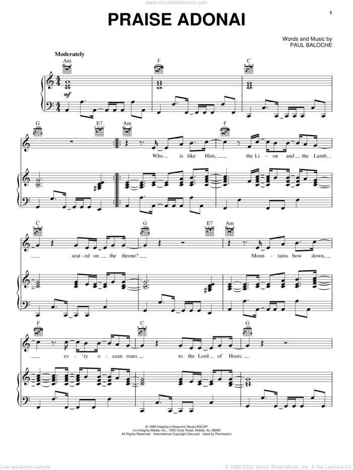 Praise Adonai sheet music for voice, piano or guitar by Paul Baloche, intermediate skill level