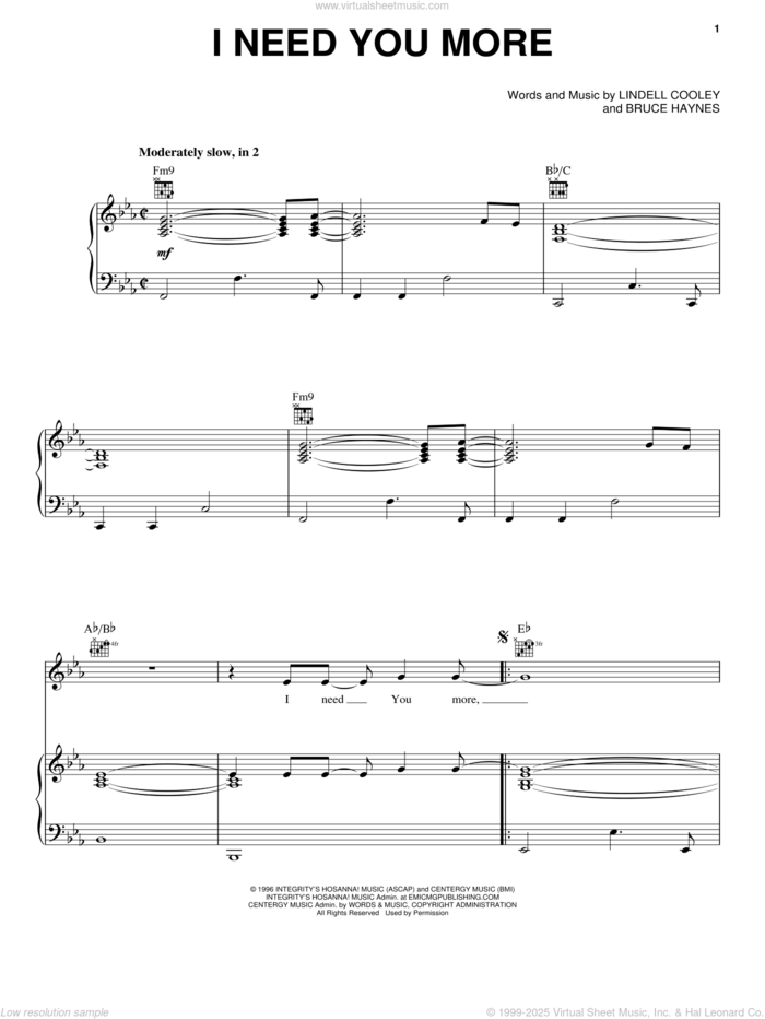 I Need You More sheet music for voice, piano or guitar by Lindell Cooley and Bruce Haynes, intermediate skill level