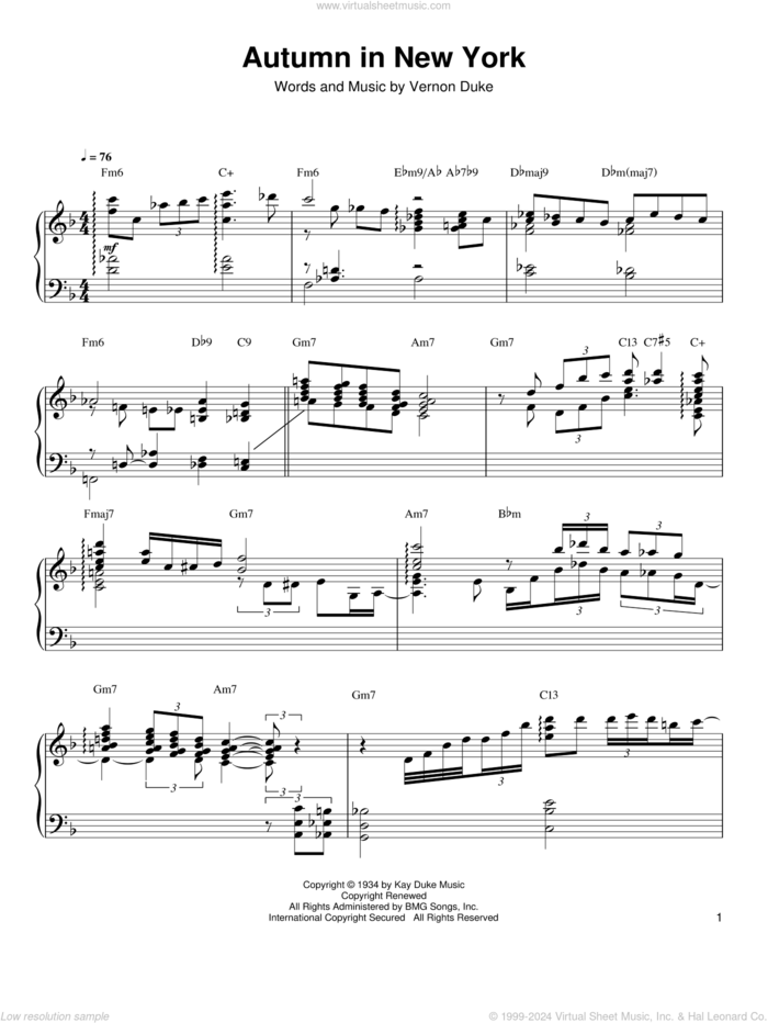 Autumn In New York sheet music for piano solo by Al Haig, Bud Powell, Jo Stafford and Vernon Duke, intermediate skill level