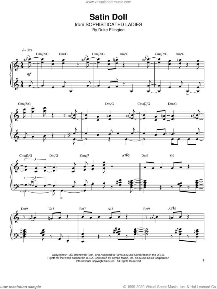 Satin Doll sheet music for piano solo by Duke Ellington, Billy Strayhorn and Johnny Mercer, intermediate skill level