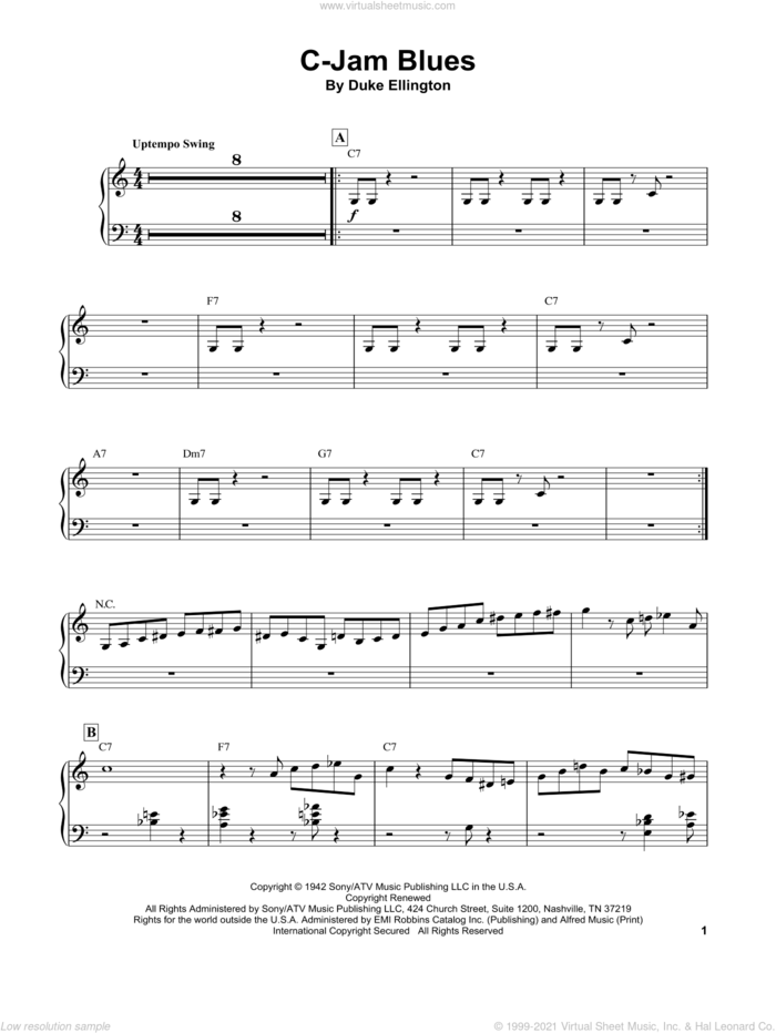 C-Jam Blues sheet music for piano solo (transcription) by Oscar Peterson, Jimmy Smith and Duke Ellington, intermediate piano (transcription)