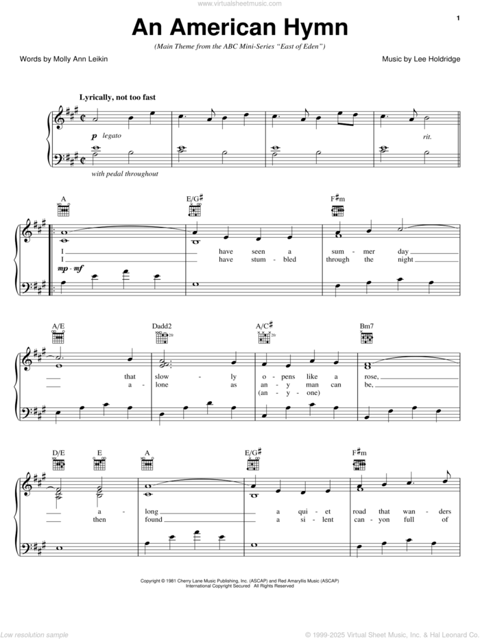 An American Hymn sheet music for voice, piano or guitar by Lee Elwood Holdridge and Molly Ann Leiken, intermediate skill level