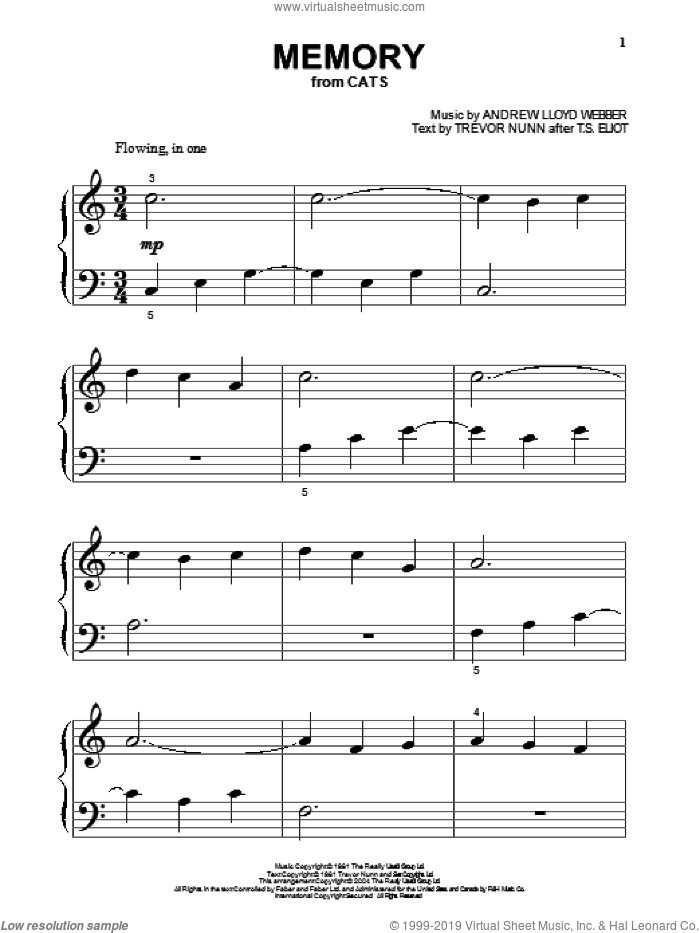 Memory (from Cats) sheet music for piano solo (big note book) by Andrew Lloyd Webber, Cats (Musical), T.S. Eliot and Trevor Nunn, easy piano (big note book)