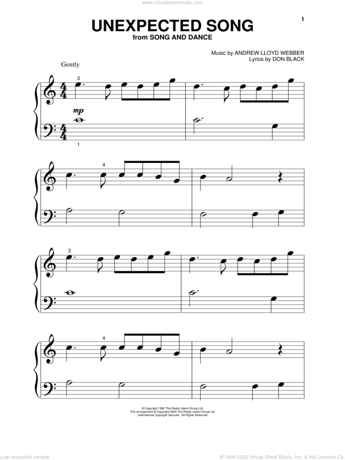 Unexpected Song (from Song and Dance), (beginner) sheet music for piano solo by Bernadette Peters, Song And Dance (Musical), Andrew Lloyd Webber and Don Black, beginner skill level