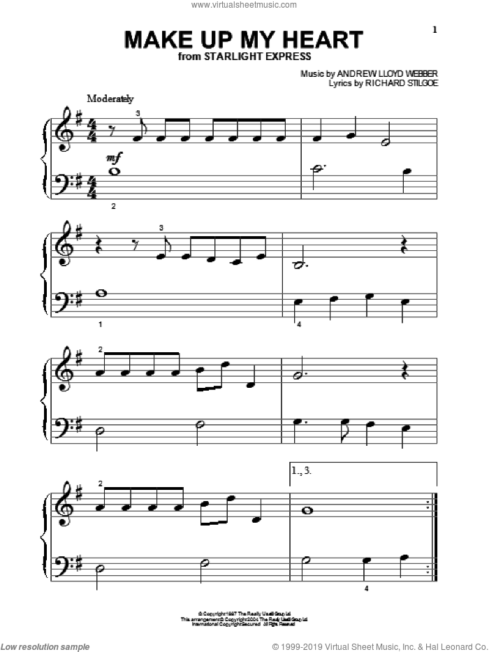 Make Up My Heart (from Starlight Express) sheet music for piano solo (big note book) by Andrew Lloyd Webber and Richard Stilgoe, easy piano (big note book)