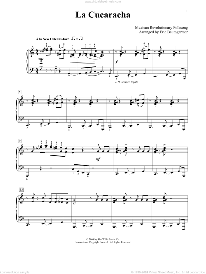 La Cucaracha sheet music for piano solo (elementary) by Eric Baumgartner and Miscellaneous, beginner piano (elementary)