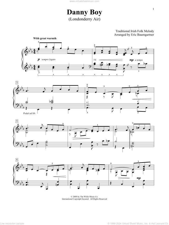 Londonderry Air sheet music for piano solo (elementary) by Eric Baumgartner and Traditional Irish, beginner piano (elementary)