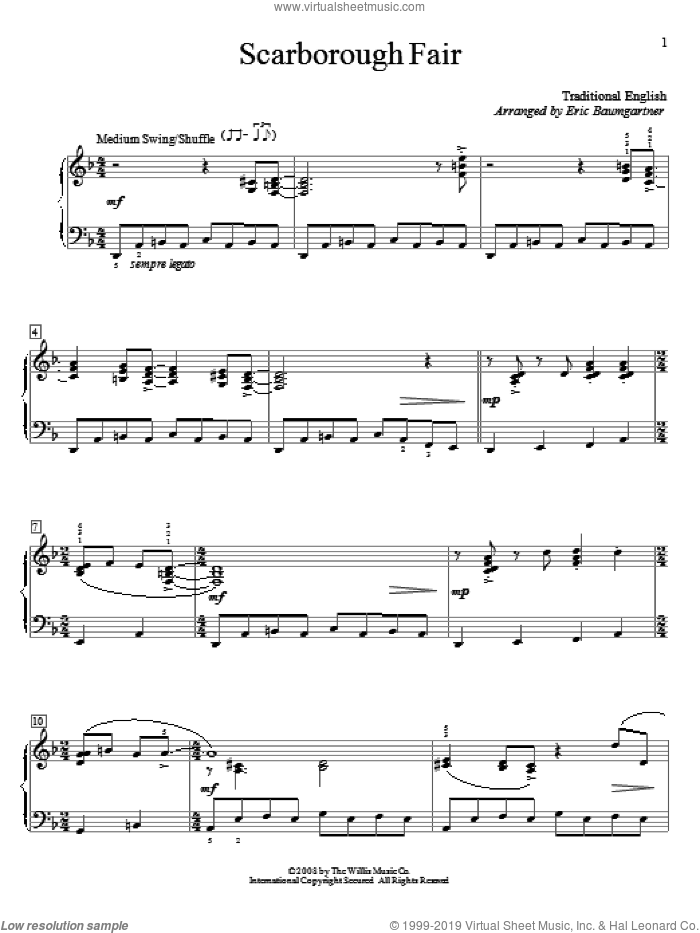 Scarborough Fair sheet music for piano solo (elementary) by Eric Baumgartner, Miscellaneous and Traditional English Ballad, beginner piano (elementary)