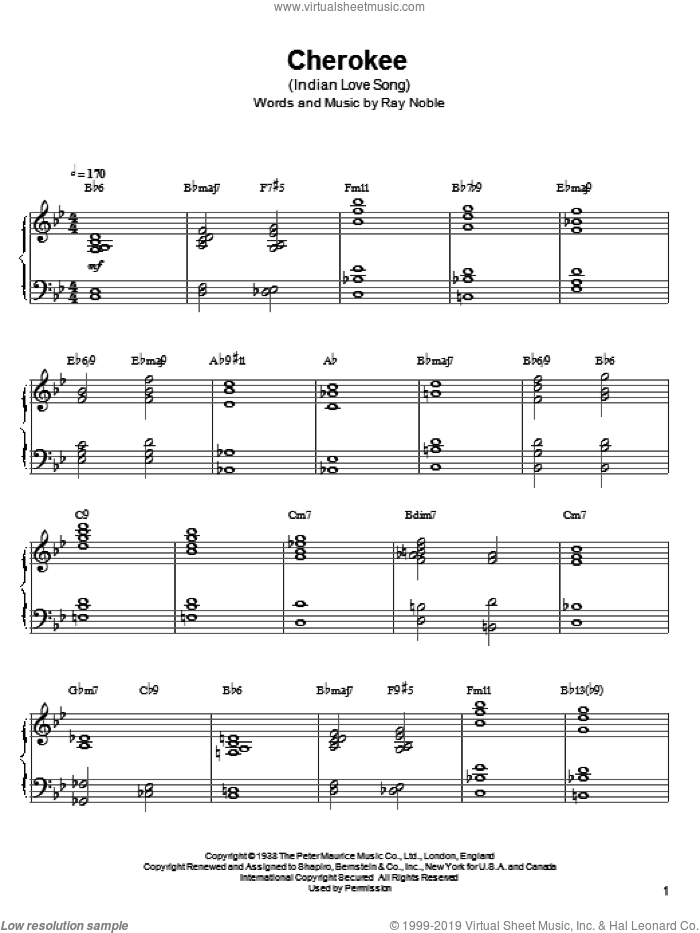 Cherokee (Indian Love Song) sheet music for piano solo by Ahmad Jamal, Bud Powell, Jimmy Smith and Ray Noble, intermediate skill level