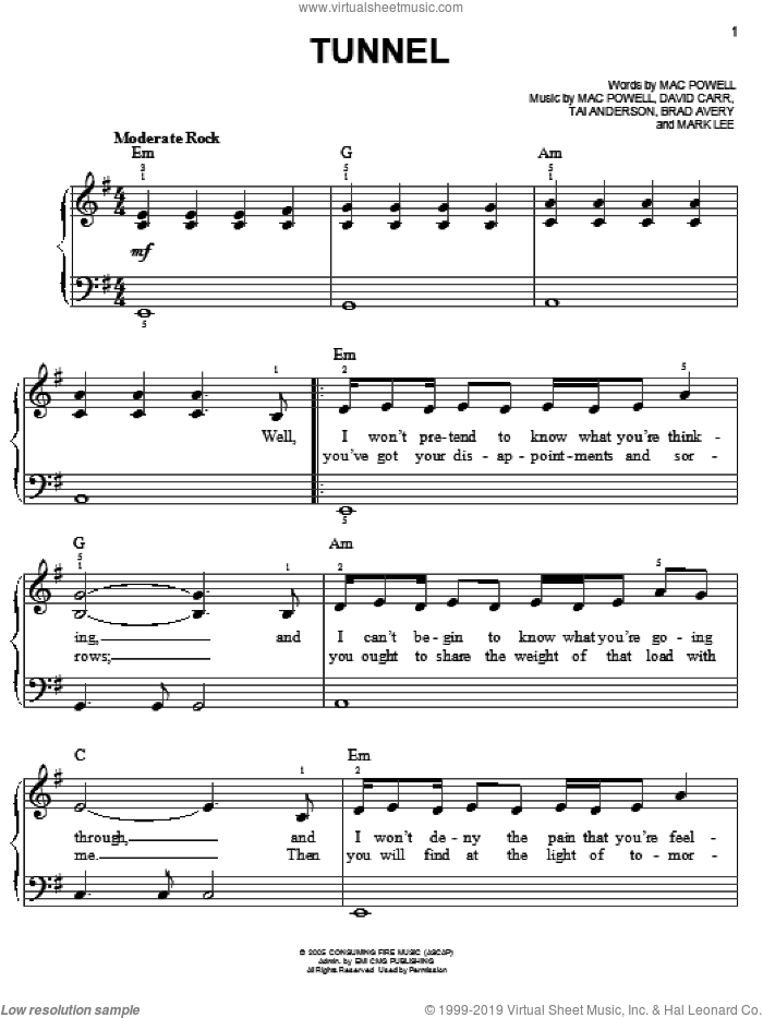 Tunnel sheet music for piano solo by Third Day, Brad Avery, David Carr, Mac Powell, Mark Lee and Tai Anderson, easy skill level