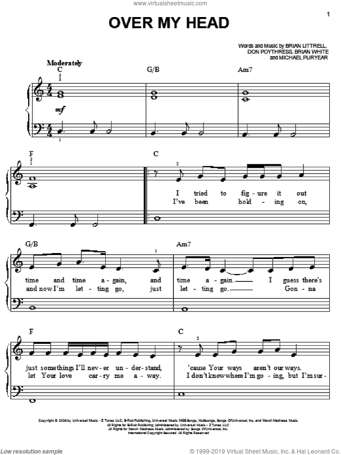Over My Head sheet music for piano solo by Brian Littrell, Bryan White, Don Poythress and Michael Puryear, easy skill level