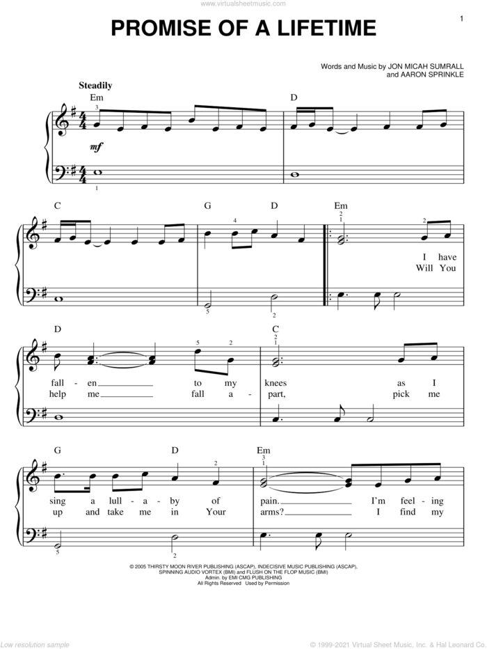Promise Of A Lifetime sheet music for piano solo by Kutless, Aaron Sprinkle and Jon Micah Sumrall, easy skill level