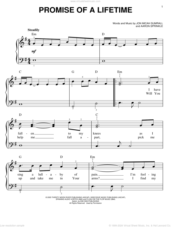 Promise Of A Lifetime sheet music for piano solo by Kutless, Aaron Sprinkle and Jon Micah Sumrall, easy skill level