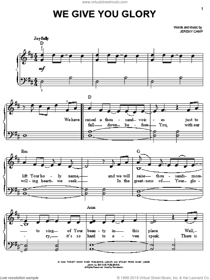 We Give You Glory sheet music for piano solo by Jeremy Camp, easy skill level
